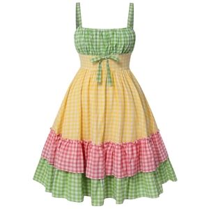 NWT Retro Stage Gingham Cotton Yellow Pink Green Dress, S